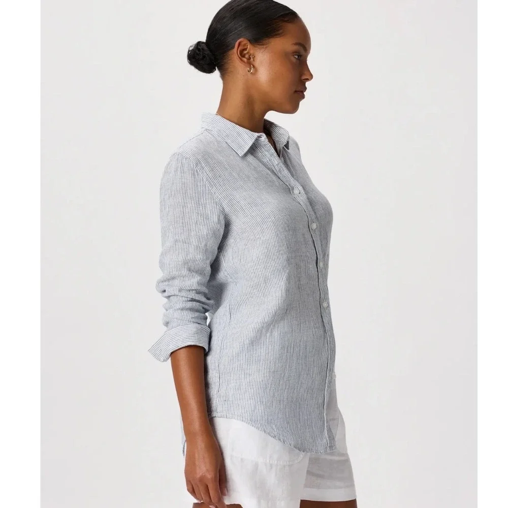 Quince 100% European Linen Pinstripe Button Front Shirt Blue White Womens M $80 - Picture 3 of 10